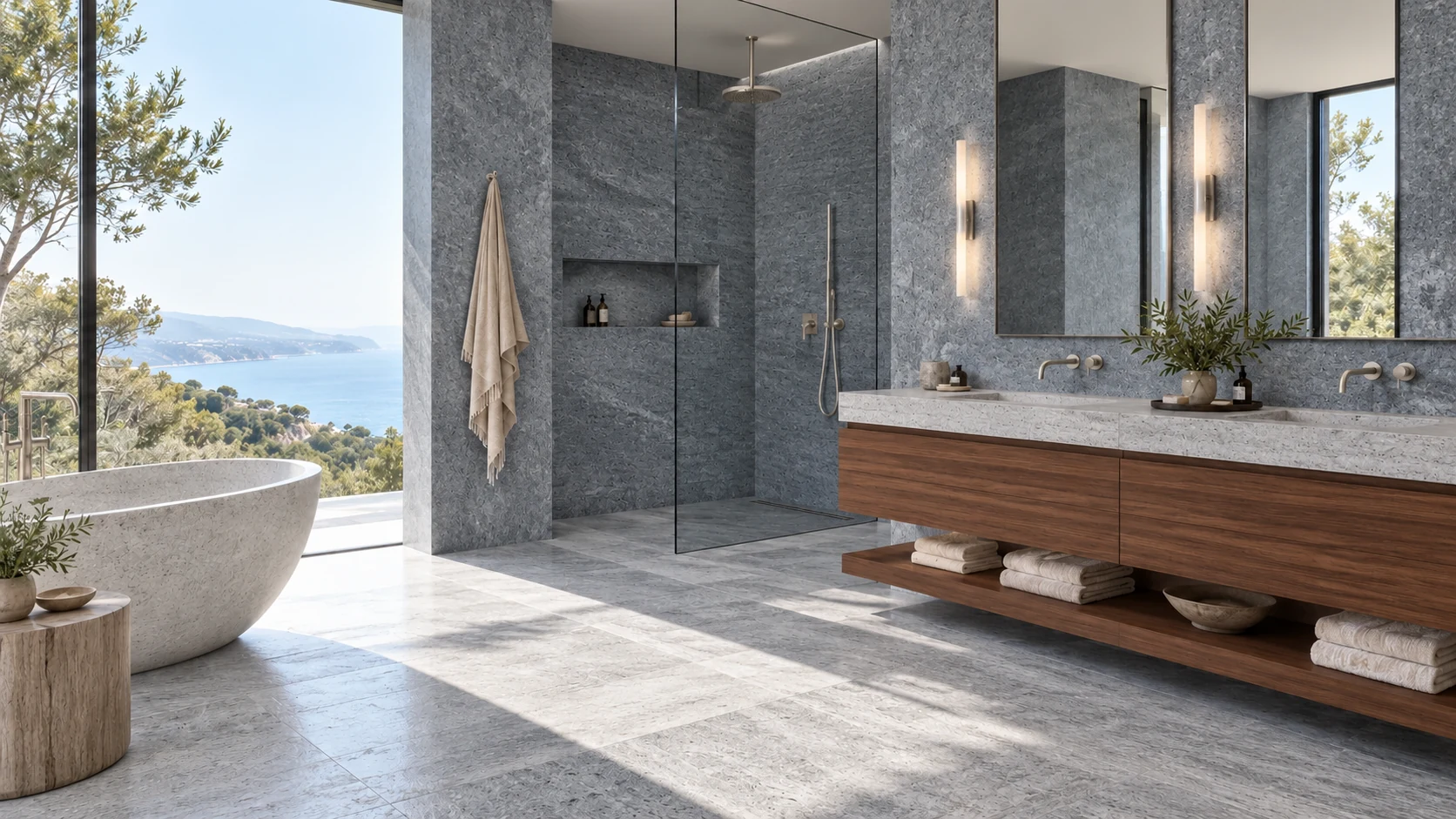 Mavi gri doğal taş, kızıl ceviz banyo dolabı ve fırçalanmış nikel armatürlerle tasarlanmış banyo